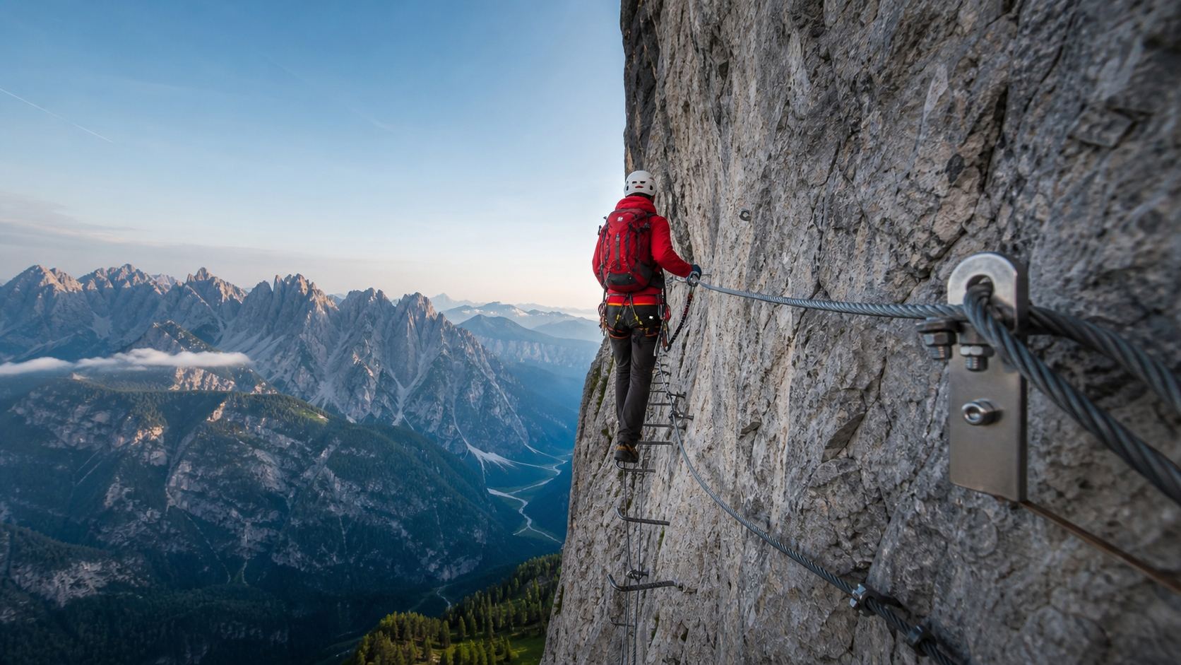Via ferrata climber traversing a dramatic cliff at sunset with alpine panorama